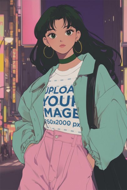 Retro-Inspired Mockup of an AI-Generated Anime Woman in a Round-Neck Tee