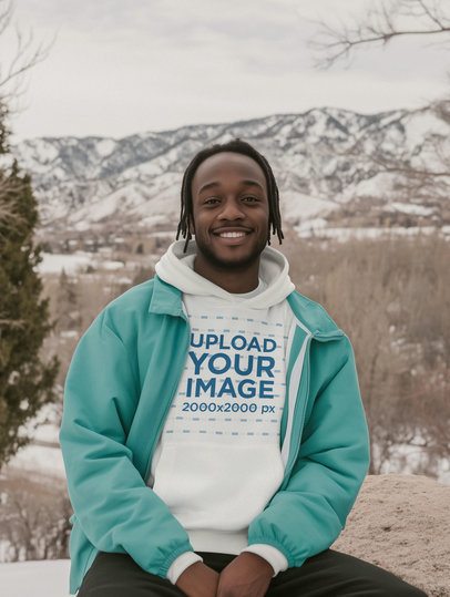 Hoodie Mockup Featuring an AI-Created Smiling Man Posing in a Snowy Landscape