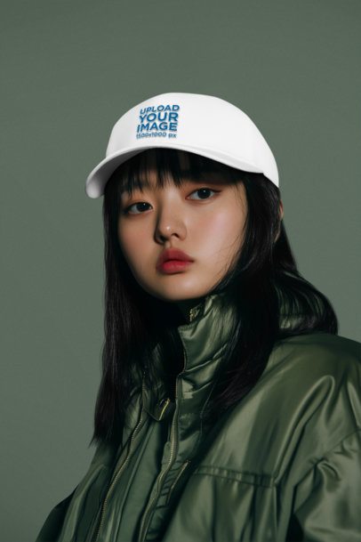 Dad Hat Mockup Featuring an AI-Created Woman With a Cool Style Posing in a Studio