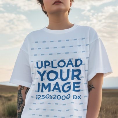 T-Shirt Mockup of an AI-Generated Cropped-Face Woman With Tattoos Standing Against the Sky m52324