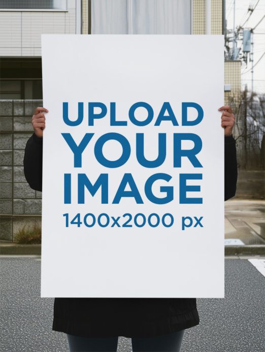 AI-Created Mockup Featuring a Person Holding a Poster in the Street