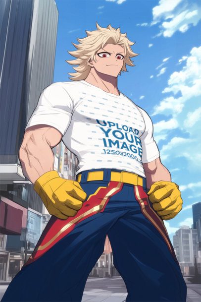 T-Shirt Mockup of an AI-Generated Strong Man Graphic Inspired by an Anime Superhero Show