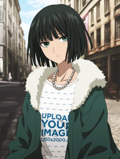 T-Shirt Mockup of an AI-Generated Woman Graphic in an Anime-Inspired Setting m55619