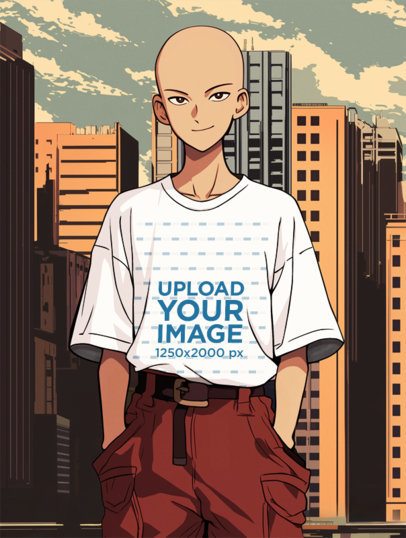 T-Shirt Mockup of an AI-Generated Bald Young Man Graphic Inspired by a Famous Manga m55620