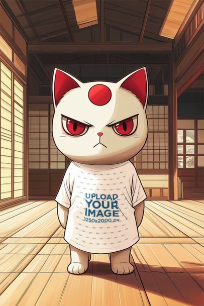 T-Shirt Mockup Featuring an AI-Created Angry Cat Inspired by a Popular Anime Show m55630