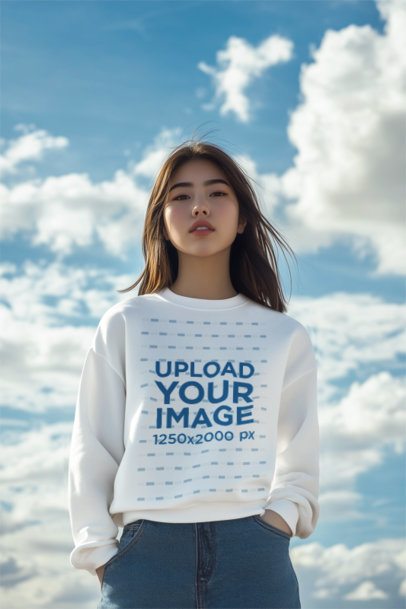 Sweatshirt Mockup of an AI-Generated Woman Posing Against a Sky With Clouds m52318