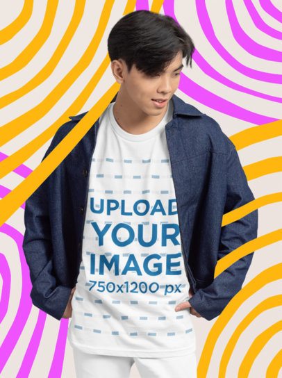 Oversized T-Shirt Mockup Featuring a Teenage Boy Surrounded By Colorful Shapes