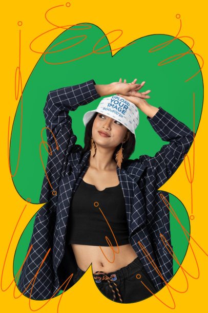 Illustrated Mockup of a Woman Wearing a Sublimated Bucket Hat