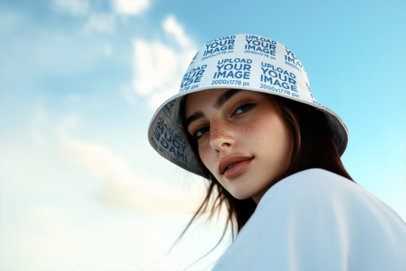 Sublimated Bucket Hat Mockup Featuring an AI-Generated Woman Posing Against a Nice Sky