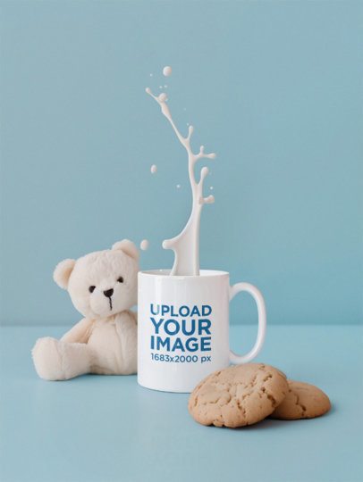 Mockup of an AI-Generated Coffee Mug With Splashing Milk With Cookies and a Teddy Bear m54811
