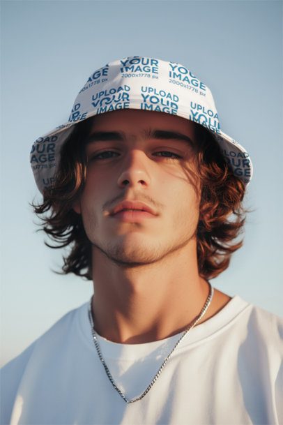 Mockup of an AI-Generated Serious Man Wearing a Bucket Hat Featuring a Pretty Sky on the Back