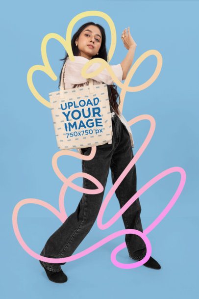 Mockup of a Woman Carrying a Tote Bag Featuring Abstract and Colorful Lines