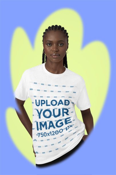 T-Shirt Mockup Featuring a Woman Posing Against a Colorful and Abstract Graphic