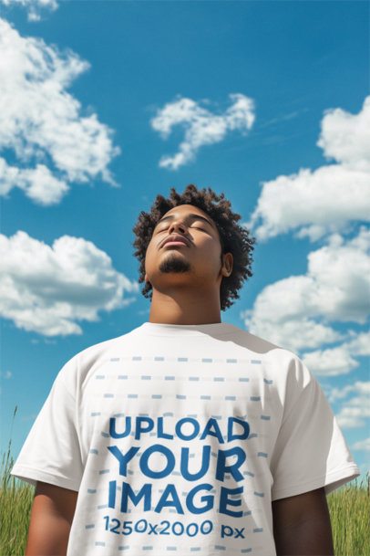 T-Shirt Mockup Featuring an AI-Created Bearded Man With Closed Eyes Against the Sky