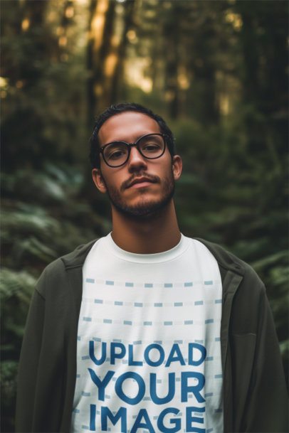 Round-Neck Tee Mockup of an AI-Generated Man With Glasses Posing Outdoors
