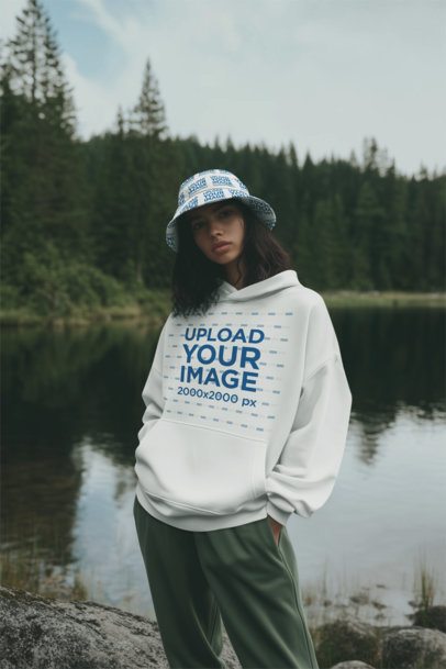Hoodie Mockup Featuring an AI-Created Woman With a Bucket Hat Posing Outdoors m55665