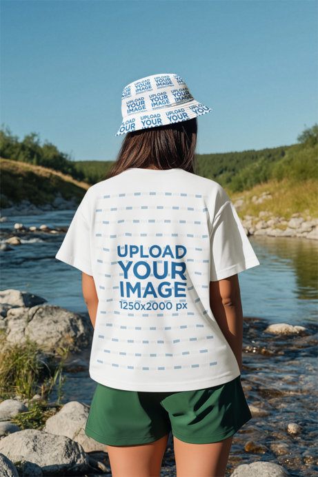 Back-View Mockup Featuring an AI-Created Woman in a T-Shirt and a Bucket While Looking at a Lake
