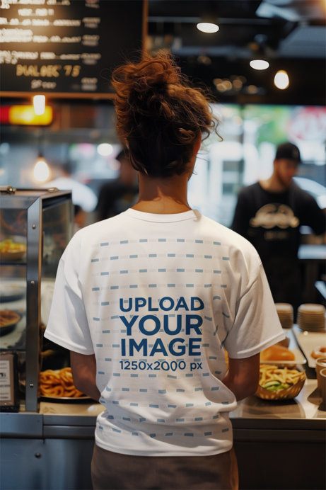 Back-View T-Shirt Mockup of an AI-Generated Woman Working in a Fast Food Restaurant