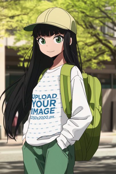 Long-Sleeve Tee Mockup Featuring an AI-Created Young Woman Graphic Inspired by an Anime Show