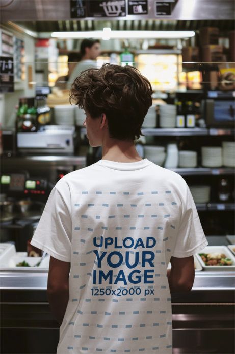 Back-View T-Shirt Mockup of an AI-Generated Man Waiting for Food in a Restaurant