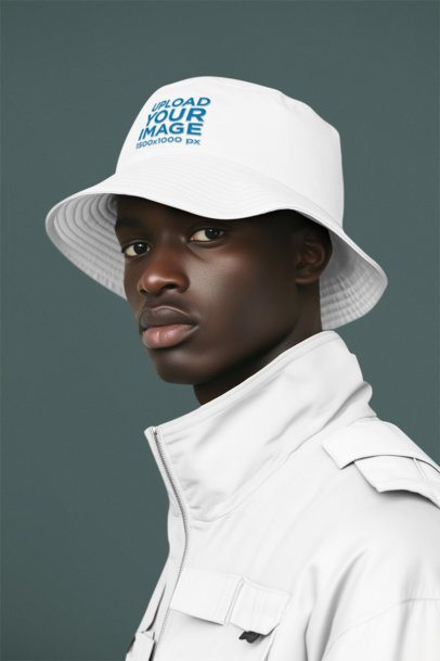 Bucket Hat Mockup Featuring an AI-Created Serious Man Posing in a Studio With Outdoor Garments