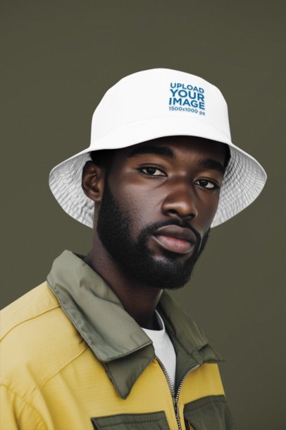 Embroidered Bucket Hat Mockup of an AI-Generated Man Wearing an Outdoor Style in a Studio