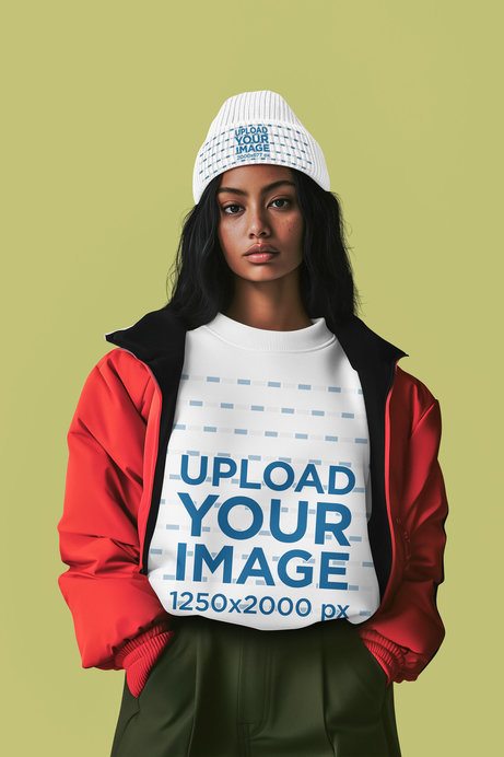 Sweatshirt Mockup of an AI-Generated Woman With a Beanie Posing in a Studio With an Outdoor Look