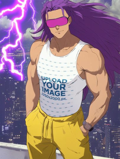 Tank Top Mockup of an AI-Generated Strong Man Graphic in an Anime-Inspired Setting