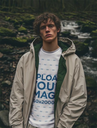 T-Shirt Mockup of an AI-Generated Serious Man With Wet Hair Posing Outdoors m55678