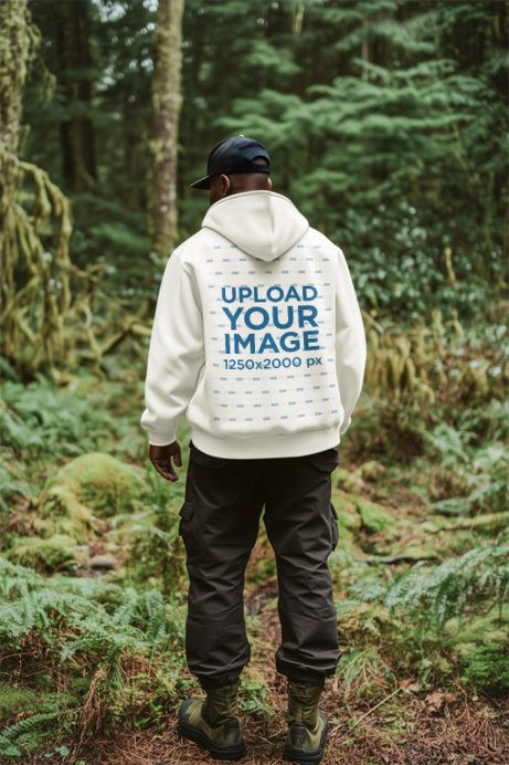 Back-View Hoodie Mockup of an AI-Generated Man Walking in the Woods