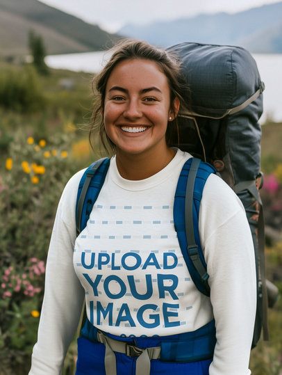 Long-Sleeve Tee Mockup Featuring an AI-Created Happy Woman Hiking Outdoors m55675