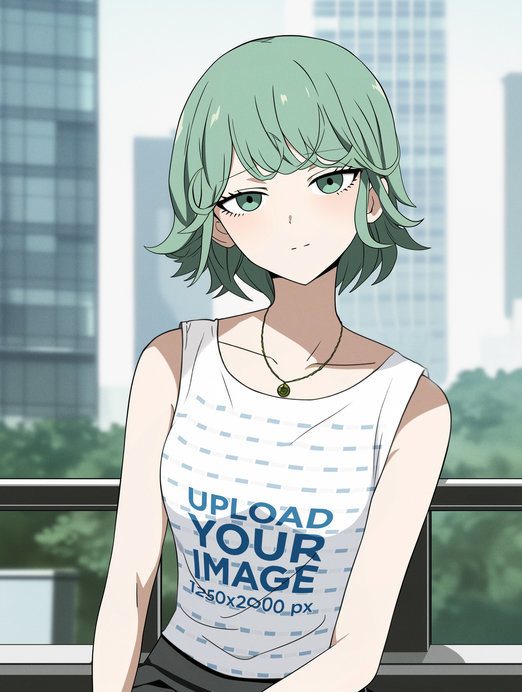 Tank Top Mockup Featuring an AI-Created Serious Woman Graphic Posing in an Anime-Inspired Setting