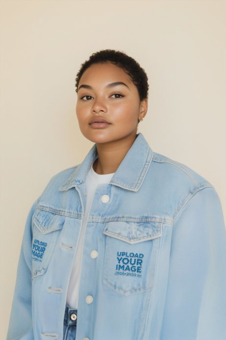 Denim Jacket Mockup of an AI-Generated Woman Standing in a Studio