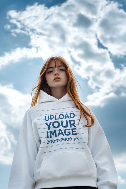 Hoodie Mockup of an AI-Generated Redhead Woman Posing Against the Sky m52315