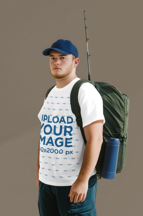 T-Shirt Mockup Featuring an AI-Created Man With a Fishing Style Posing in a Studio
