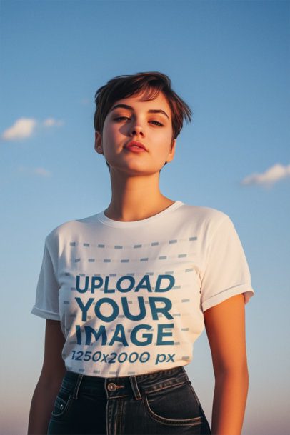 T-Shirt Mockup of an AI-Generated Woman With Short Hair Standing Against the Sky