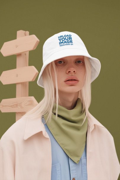 Mockup of an AI-Generated Woman Posing in a Studio With a Bucket Hat and an Outdoor-Inspired Style