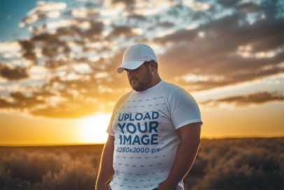 T-Shirt Mockup Featuring an AI-Created Man Standing Against a Nice Sunset Sky m52323