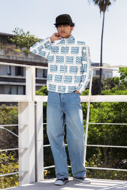 Track Jacket Mockup of a Cool Man Posing on a Balcony