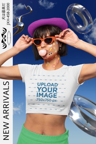Bella Canvas Crop Top Mockup of a Woman With Face Stickers and a Y2K Theme m7251