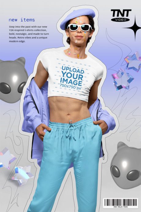 Y2K-Themed Mockup Featuring a Man in a Bella Canvas Crop Top With a New Arrivals Ad