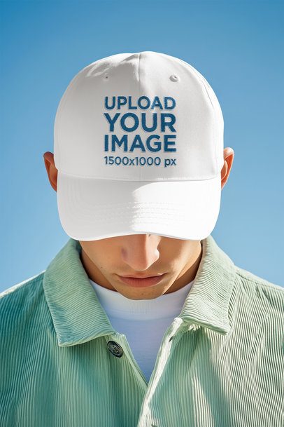 AI-Created Mockup Featuring a Man Wearing an Embroidered Dad Hat Against a Sky Background