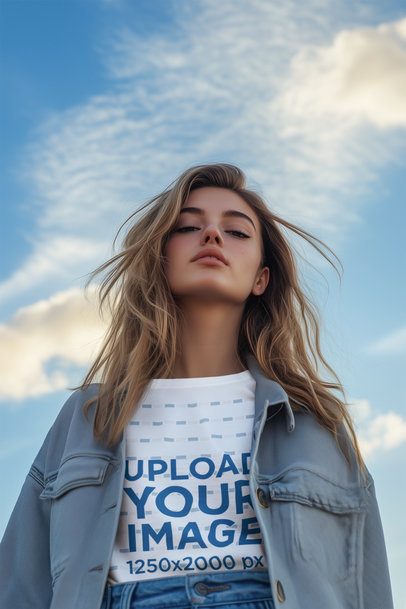 T-Shirt Mockup of an AI-Generated Serious Woman Posing Against a Sky Background