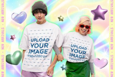 Oversized T-Shirt Mockup of a Man and a Woman Posing for an Apparel Ad 7250