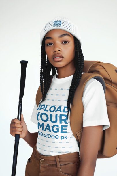 Outdoors-Themed Mockup of an AI-Generated Teenage Girl Wearing a T-Shirt and a Beanie
