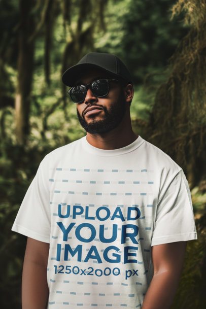 T-Shirt Mockup of an AI-Generated Bearded Man With Sunglasses Posing Outdoors