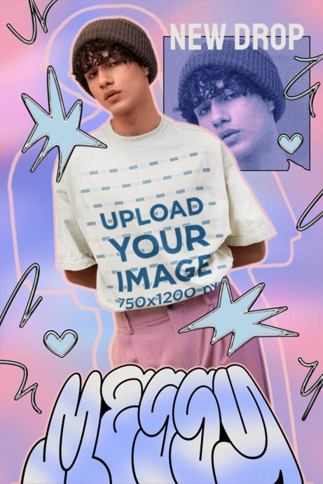 Oversized T-Shirt Mockup Featuring a Man Posing for a Y2K-Styled Apparel Ad
