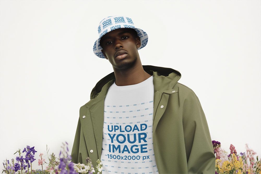 T-Shirt Mockup Featuring an AI-Created Man With a Bucket Hat Standing in a Setting With Flowers