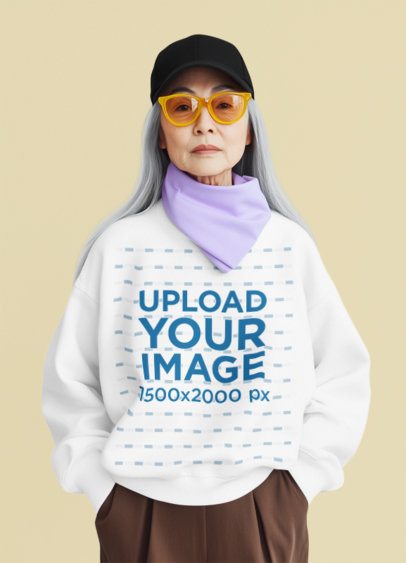 Sweatshirt Mockup of an AI-Generated Senior Woman With a Cool Style Posing in a Studio