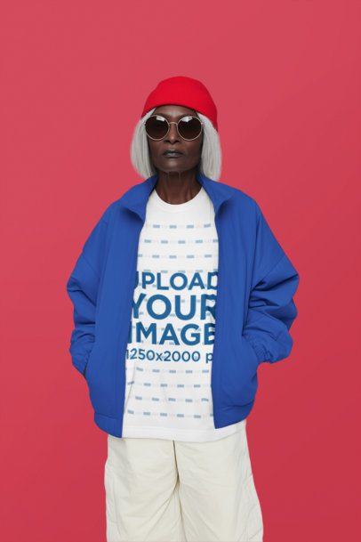 T-Shirt Mockup Featuring an AI-Created Senior Woman With Rounded Sunglasses Posing in a Studio m54860